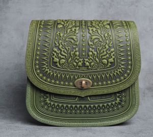 Green leather brief case crossbody bag for women