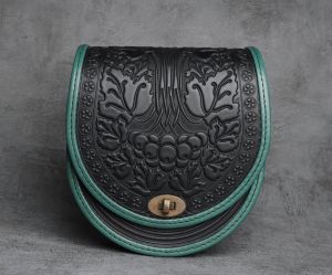 Black Green Embossed Leather Crossbody Bag
