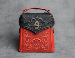 Red black genuine leather shoulder bag