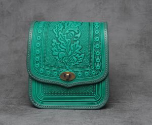 Blue leather messenger bag for women