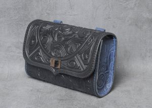 Black blue hand tooled leather purse