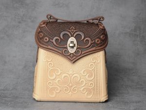 Brown beige genuine leather shoulder bag for women