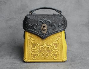 Black yellow genuine leather shoulder bag for women