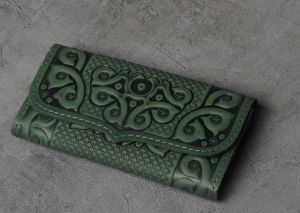 Green hand tooled leather wallet