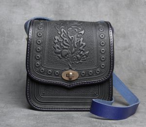 Blue black leathe messenger bag for women