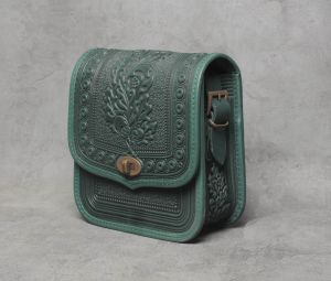 Green hand tooled leather purse for women