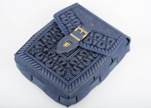 Blue hand tooled crossbody briefcase