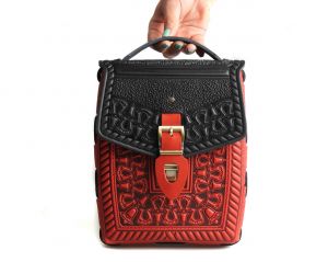 Red black hand tooled crossbody briefcase