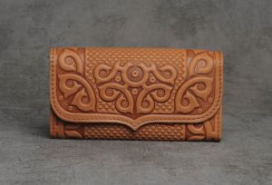 Brown hand tooled leather wallet for women