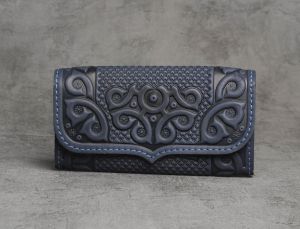 Blue hand tooled leather wallet