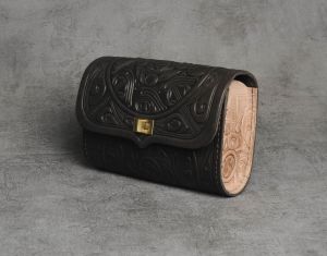 Brown beige hand tooled leather purse