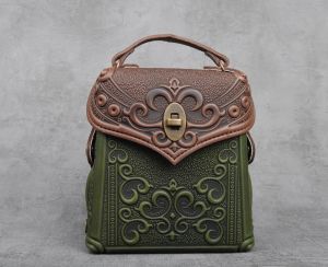 Brown green genuine leather shoulder bag
