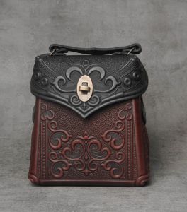 Black burgundy genuine leather shoulder bag for women