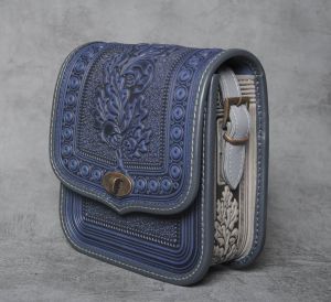 Blue gray leathe messenger bag