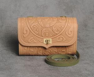Beige green hand tooled leather purse