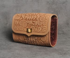 Beige burgundy leather belt bag