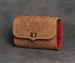 Beige red hand tooled leather purse