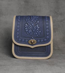 Blue beige leather messenger bag