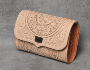 Beige brown hand tooled leather purse