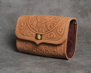 Beige burgundy hand tooled leather purse