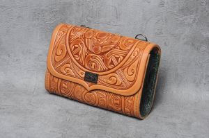 Brown green hand tooled leather purse