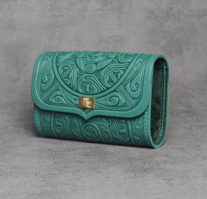 Green blue hand tooled leather purse