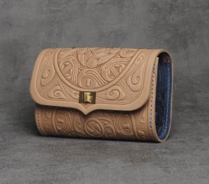 Beige blue hand tooled leather purse