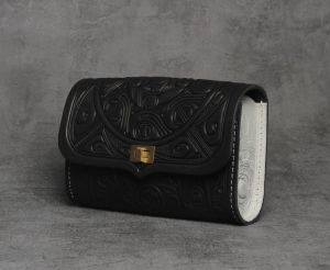 Black white hand tooled leather purse