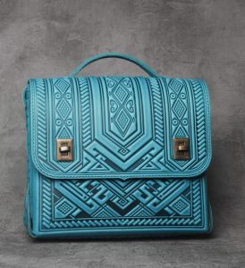 Blue handmade bag with print