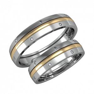 Pair of modern gold wedding bands with diamonds