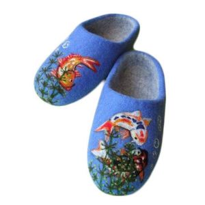 Blue felted wool slippers "Koi fish"