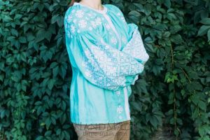 Embroidered designer's blouse "Tender turquoise" 