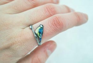 Enamel sterling silver ring "Tiny Bird"
