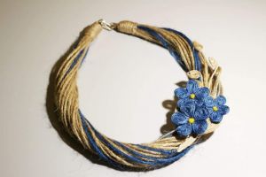 Handcrafted Jute Brooch Necklace "Blue Flowers"