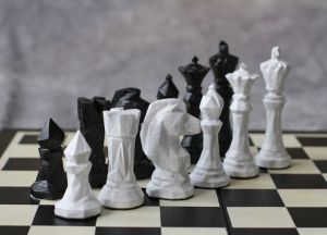 Black White Wood carving chess pieces and case 