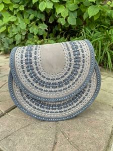 Gray blue round hand tooled leather purse