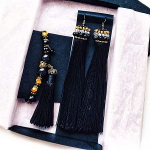Long black tassel earrings and bracelet set