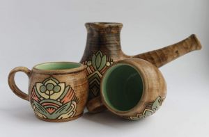 Pottery coffee mugs and Turkish pot set “Fragrant coffee”