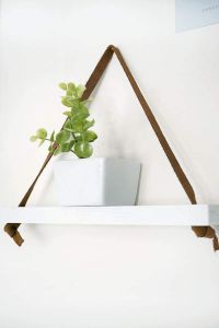 Small hanging wall shelf with leather straps