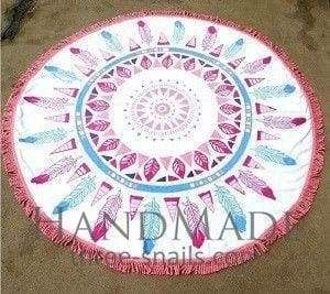 White round beach towel with feathers