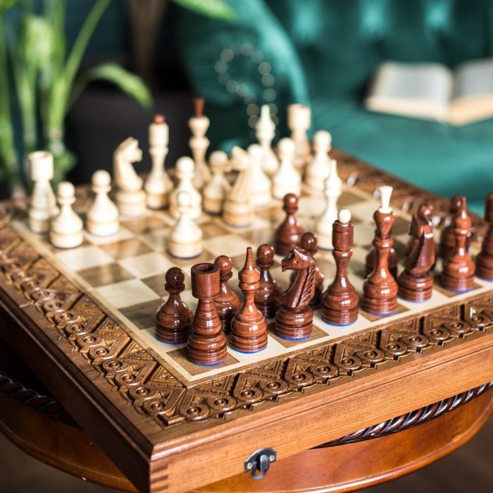 Large Wood Carving Chess Pieces With Box, Luxury Wooden Chess