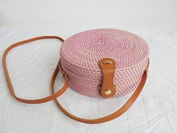 Round Rattan sold Crossbody Bag Pink Crystal Heart Tassel